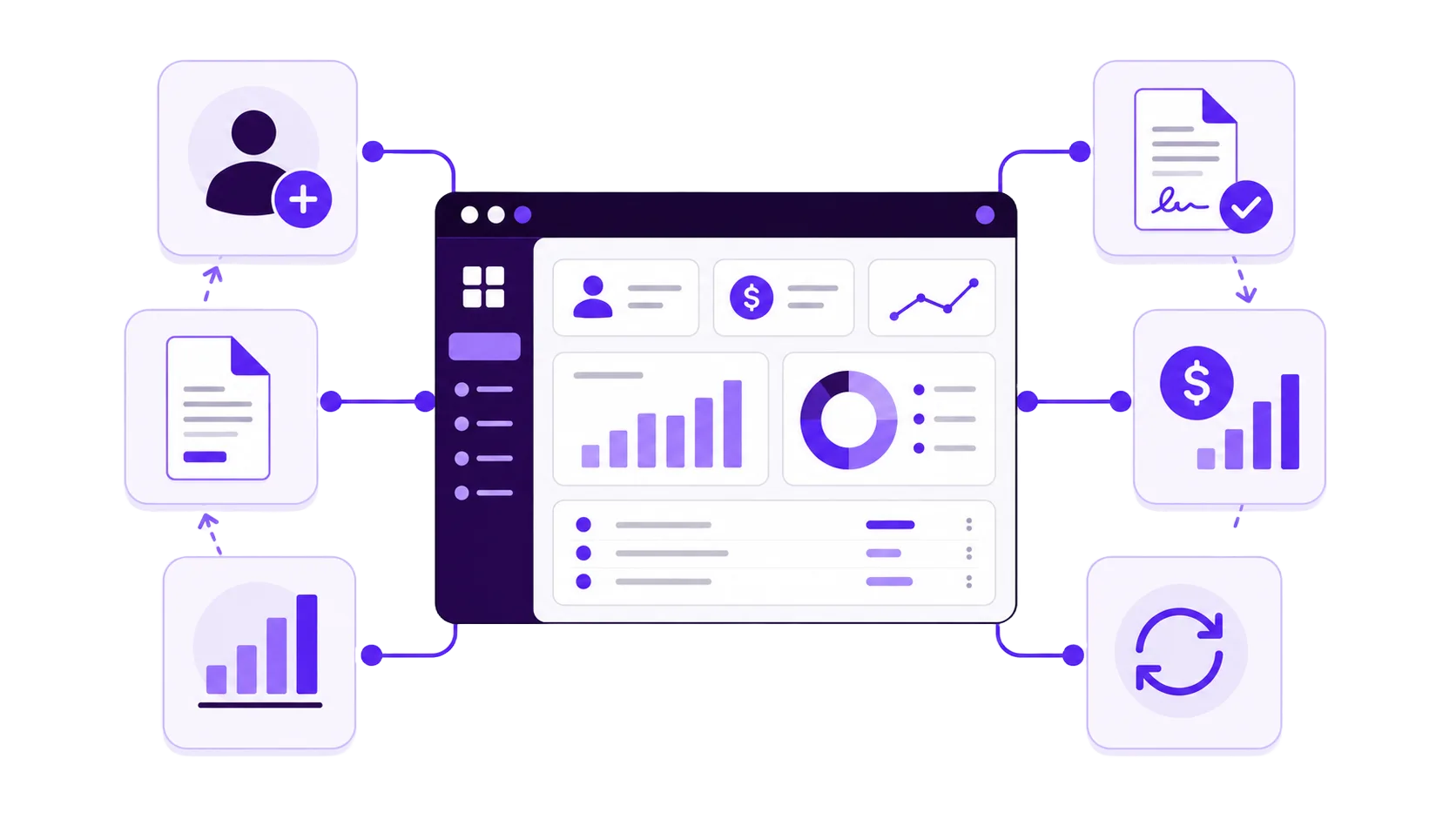 Illustration of AiXGEN connecting prospects, proposals, contracts, commissions, reporting, and renewals in one unified revenue workflow
